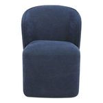 Larson rolling dining chair with rounded square seat, curved back, caster wheels, and navy high-performance fabric upholstery