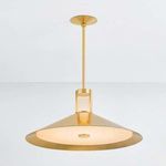 Clermont Pendant lit, showing warm glow through alabaster diffuser and brass cone
