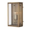 Antique brass Royster Outdoor Wall Sconce in close-up view showing corner detail and mounting knob on side