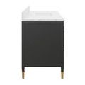 side view of black vanity showing smooth lacquered linen side panel and gold ferrule foot