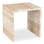 Rosa table angled view emphasizing the marble striping wrapping down the legs with smooth waterfall edges.