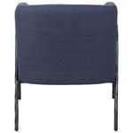 Upholstered blue denim fabric back panel of Jacobsen Denim Barrel Chair with iron legs visible