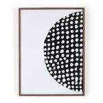 Right panel of diptych showing half black circle with white dots within walnut wood frame