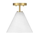 Warm brass fixture with white marbled strie glass conical shade