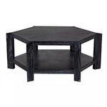 Close-up front view highlighting table's thick legs and open spaces between legs and lower shelf