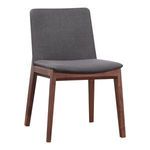 Three-quarter side view of Deco Dining Chair showing gray upholstery and walnut frame.