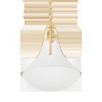 Front view of Coventry Pendant with white plaster finish shade and thin gold metal arms extending from chain