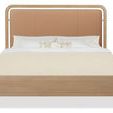 Front view of Banyon Bay panel bed showing full leather headboard framed by light wood with bed dressed in white linens