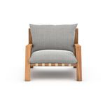 Front view of Soren Outdoor Chair showing wide teak frame and woven ivory straps under seat cushion