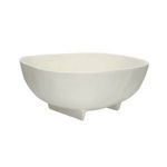 Large aluminium bowl from side angle showing textured surface and two feet