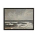 Landscape painting of ocean waves under a cloudy sky in a distressed black pine frame