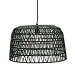 Side angled view of sable woven black paper rope pendant light hanging from cord