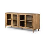Front view of sideboard with all doors closed, highlighting glass panel transparency and handles