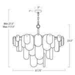 Technical line drawing with chandelier dimensions: 37.75 inch wide, 23.5 inch height, adjustable chain length