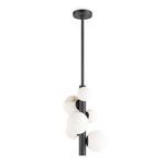 Pendant with alabaster orbs and black metal rod ceiling mount seen in isolation on white background