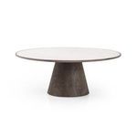 Front view emphasizing rounded white marble top and stable oak base