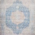 Layla 2'6" X 7'6" vintage style rug in blue and tangerine with a traditional medallion pattern and subtle aged effect