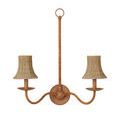 Close front view of double arm chandelier with Bell natural woven shades showing balanced symmetry