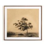 Walnut framed painting of a blurry black tree and landscape on beige canvas by Chelsea Fly