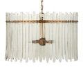 Front view showing antique brass ceiling mount and chain alongside icicle glass bars around bulb fixture