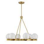 Back-side view of chandelier emphasizing symmetrical brass rods and frosty glass orbs