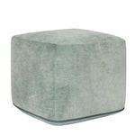 Stonewashed green velvet pouf with a cube shape and subtle texture on removable cover