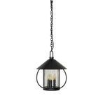 Side view of Secco Pendant off, showing hammered glass and black curved metal arm