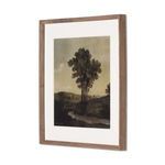 Side angle view of framed painting showing depth and edge of walnut wood frame
