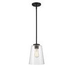 Side view of large mini pendant highlighting the tapered clear glass shade and matte black fixture details