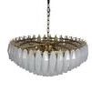 Side view highlighting geometric arrangement and polished brass frame of chandelier