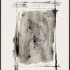 Abstract painting with bold black strokes framing a textured grey center, evoking raw energy and fluid movement
