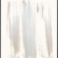 Minimalist abstract painting with broad vertical brushstrokes in soft beige and gray hues on a white background