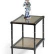 Conner Cane End Table with poplar caned panels and glass shelves, black frame with gold accents