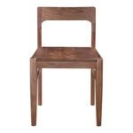 Front view highlighting the square wooden seat and open backrest design of the walnut chair