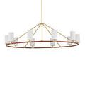 Chandelier with white fabric shades from front, highlighting contrast with brass and leather ring