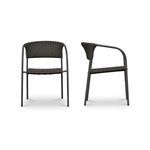 Two outdoor chairs front and side view emphasizing open arm design and basketweave pattern