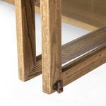 Sideboard with all glass doors fully open facing front, exposing interior shelving and layout
