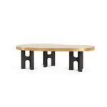 Kidney-shaped Jacob Coffee Table with a gold top featuring concentric circle patterns and three textured black pedestal bases