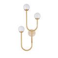 Highsmith Wall Sconce shown at angled front with opaque white globes and travertine wall plate