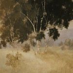 Detail close-up of tree trunks and dense dark foliage with visible brush strokes