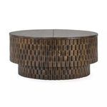 Round brown wood Norwood coffee table with dimensional block pattern and smooth top
