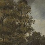 Close-up showing detailed brushwork and leaves on tree against cloudy sky