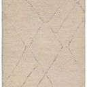 Cream and brown 9x12 hand-knotted rug with subtle linear texture and distressed trellis pattern