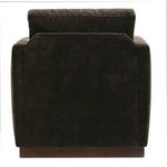 Rear view emphasizing broad straight back and wooden base