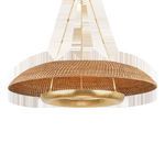 Oaklyn Chandelier isolated on white background with visible gold rods and detailed woven shade texture