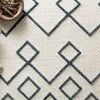 Top-down view of rug corner with natural decor items emphasizing wool texture and geometric pattern
