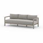 88-inch three-seat outdoor sofa with solid ash wood frame and neutral textured cushions