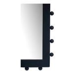 Close-up of lower right corner of black frame with ball-shaped finials on Figaro mirror
