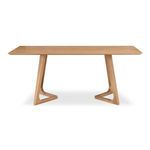 Rectangular solid oak dining table with mid-century modern angled legs and smooth natural wood finish