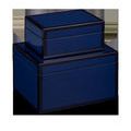 Set of two glossy navy lacquered wooden boxes with black trim, stacked with smaller box on larger